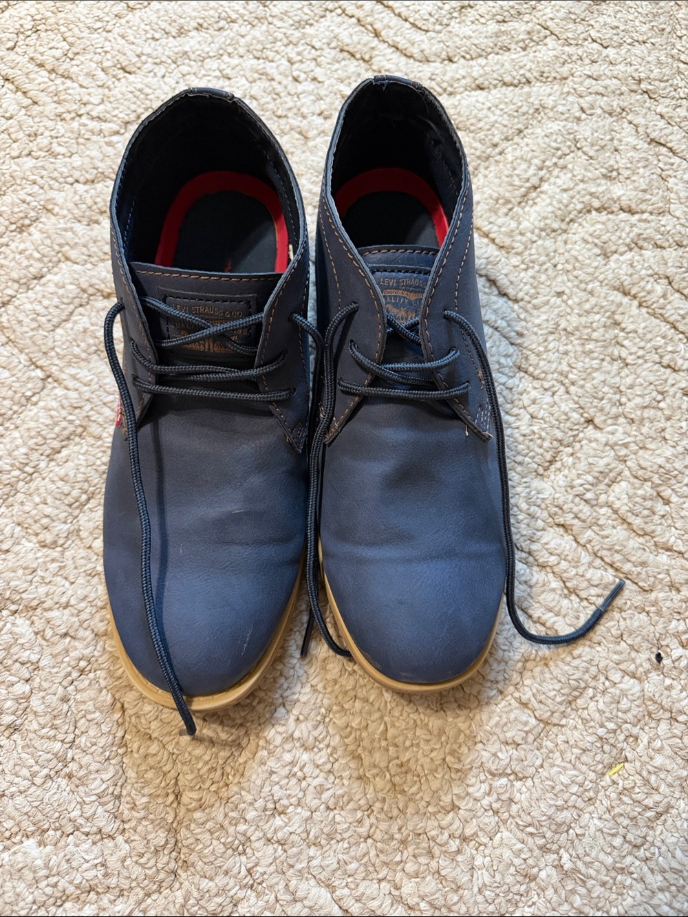 Levi's Men's Navy Chukka Boots with Tan Outsole and Red Insole Accent